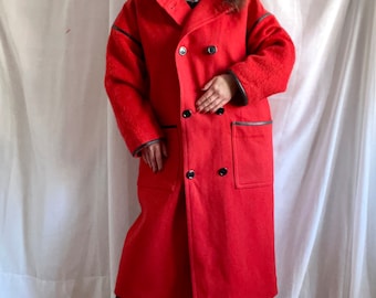 Vintage 80s GUY LAROCHE Red Woolen Double Breasted Coat Large Pockets Size Large