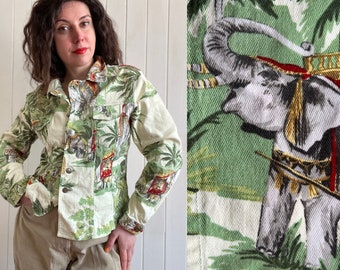 Vintage 90s 00s Stretch Jeans Jacket ANNE ELISABETH Exotic Elephants Print Size Small