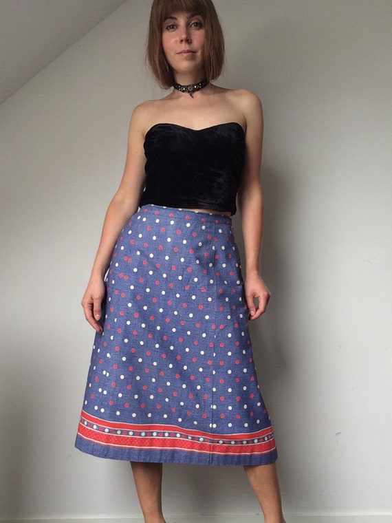 70s Blue Red Cotton Summer Skirt POLKA DOT Patter… - image 7