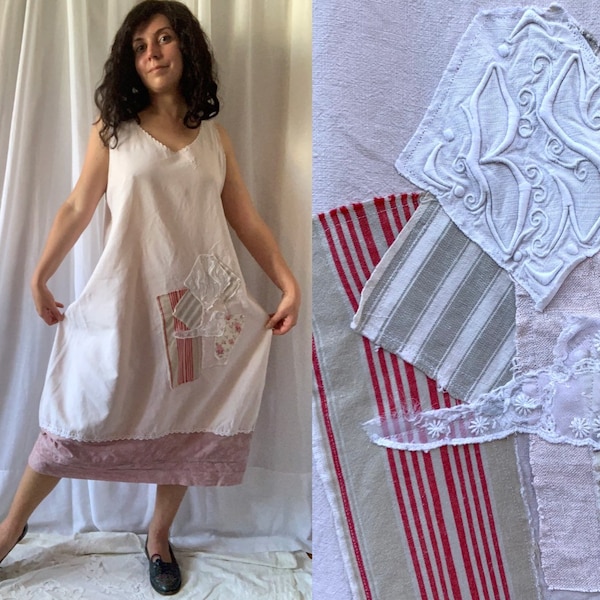 Upcycled Französisch Antikes Baumwollkleid Unter Kleid Patchwork Monogramm Bauern Sommerkleid Boho Cottage Style