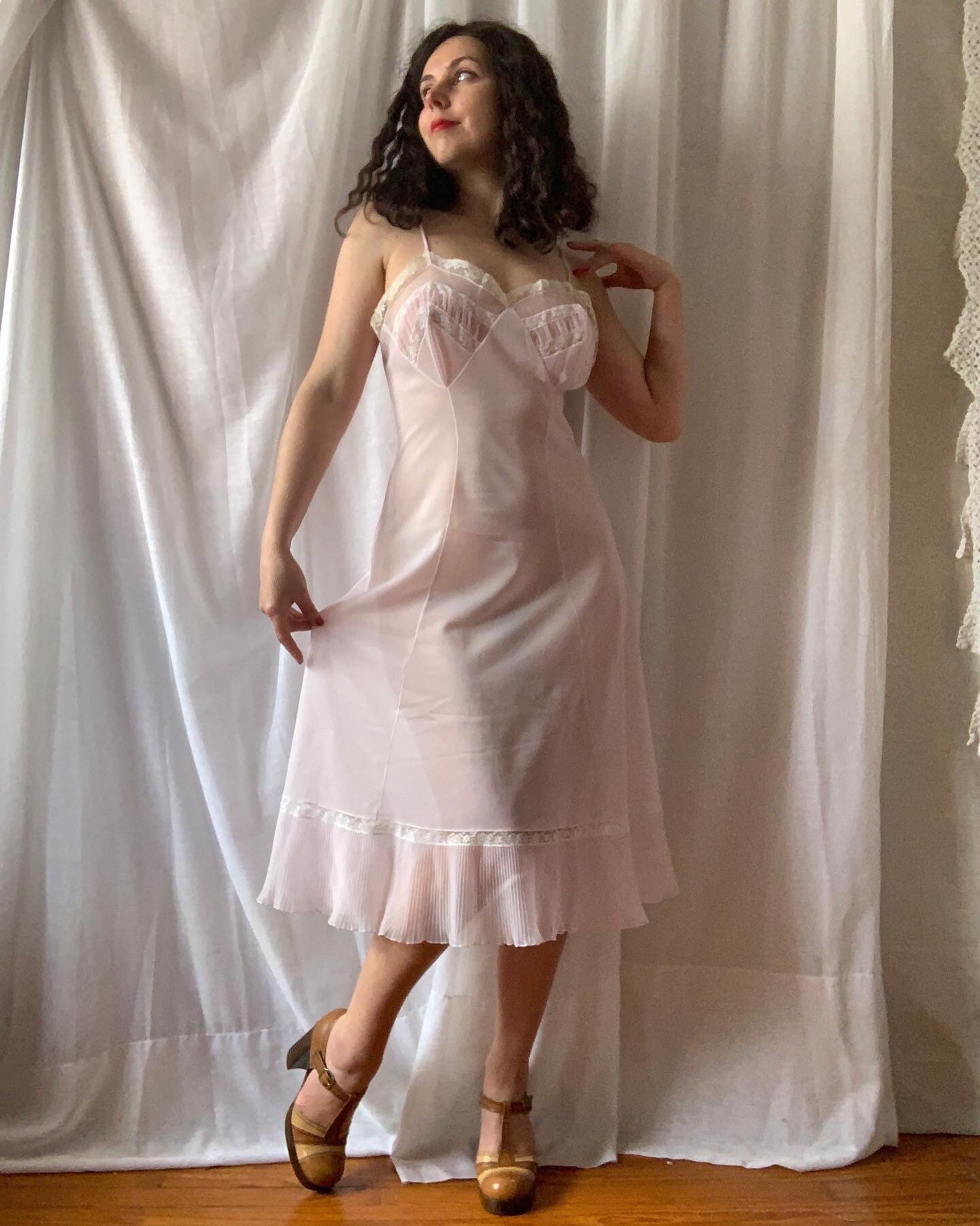 Vintage Pink Nylon Slip Dress 40s 50s Full Slip French Lingerie 