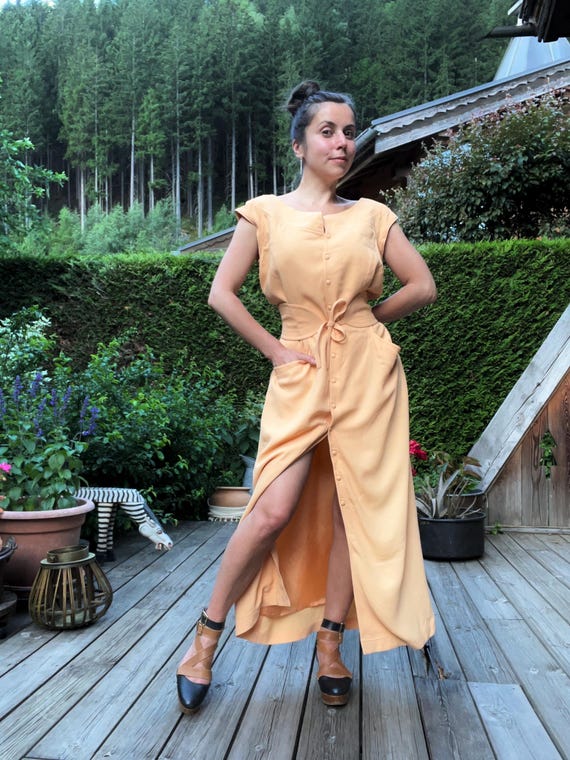80s THIERRY MUGLER Pastel Orange Crepe Summer Dress - Size Large - Button  Down Dress - Etsy