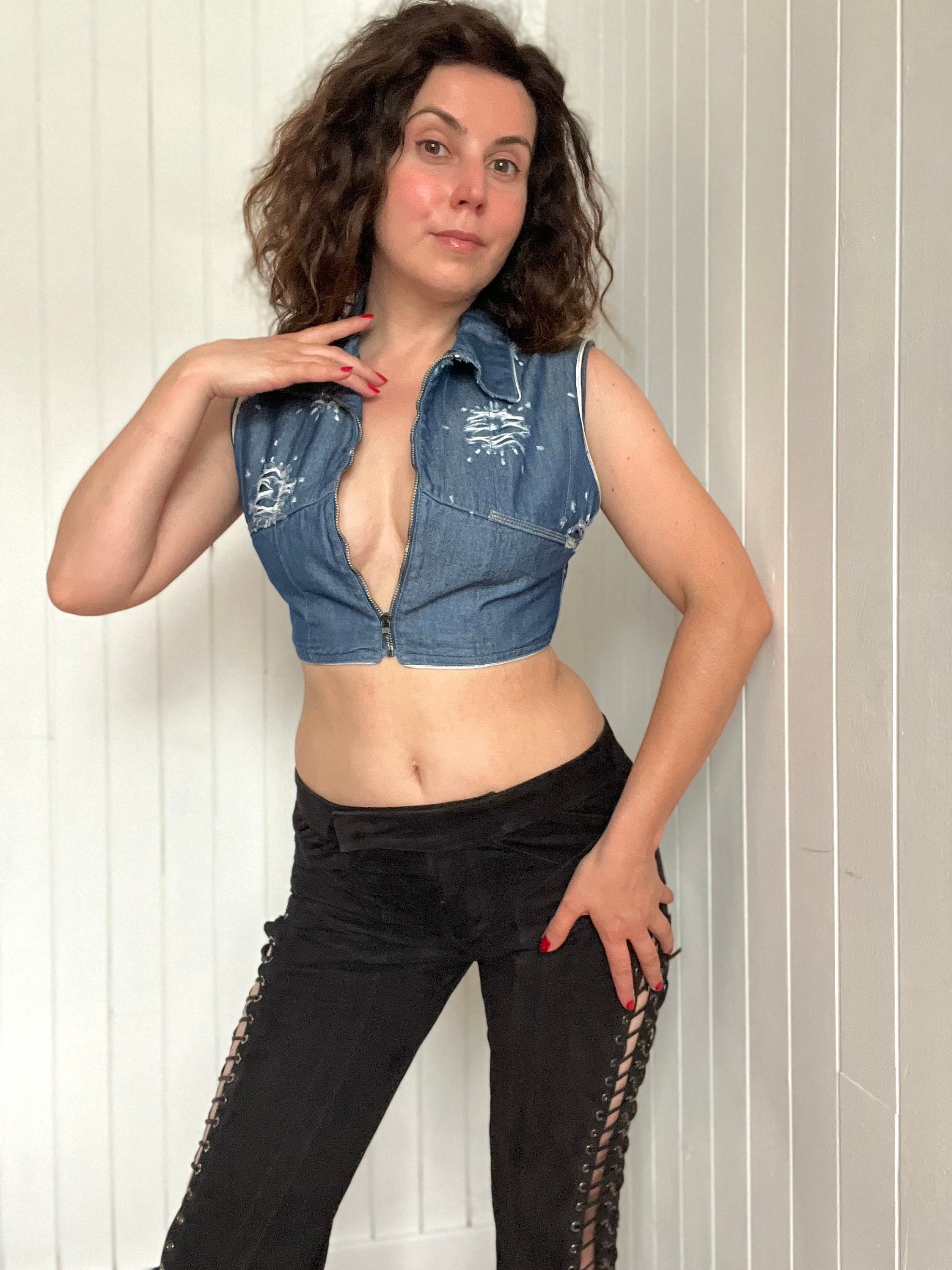 Y2K Distressed Denim Cropped Waistcoat TEDDY SMITH Size