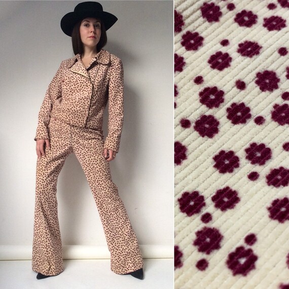 1960s Floral Corduroy Twin Set, Pants and Jacket, Flare Pants, Hippie Two Piece Set, Hippie, Penny Lane