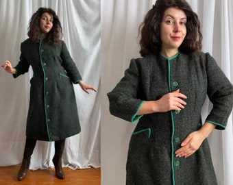 Vintage 50s 60s Dark Green Woolen Coat Midcentury Tweed Over Coat Bracelet Sleeves Size Medium