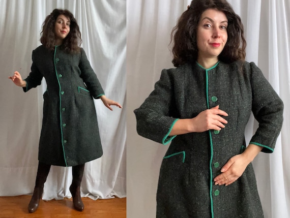 Vintage 50s 60s Dark Green Woolen Coat Midcentury… - image 1