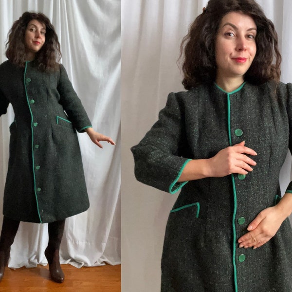 Vintage 50s 60s Dark Green Woolen Coat Midcentury Tweed Over Coat Bracelet Sleeves Size Medium