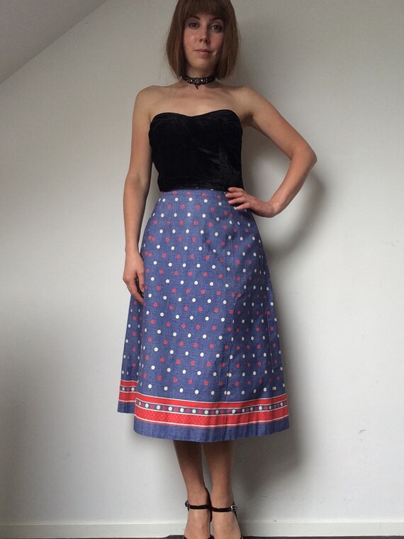 70s Blue Red Cotton Summer Skirt POLKA DOT Patter… - image 5