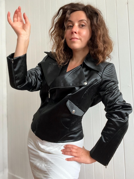 GUY LAROCHE Black SATIN Cotton Biker Jacket Etsy