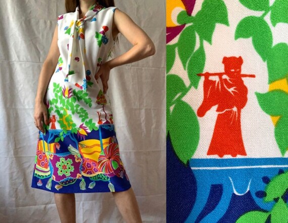 1970s Novelty Print Dress, Colorful Dress