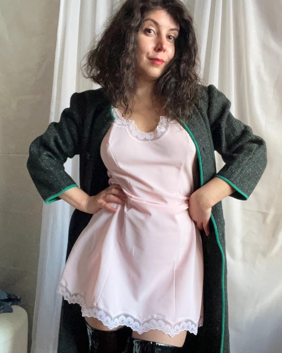 Vintage Pink Fleece Nylon Slip Dress, 60s 70s Ret… - image 1