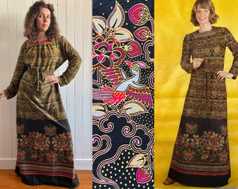 70s Maxi Kaftan Dress Size Large Dead Stock Ethnic Asian Indonesia Sarong Batik Print Phoenix Bird Lounge House Gown