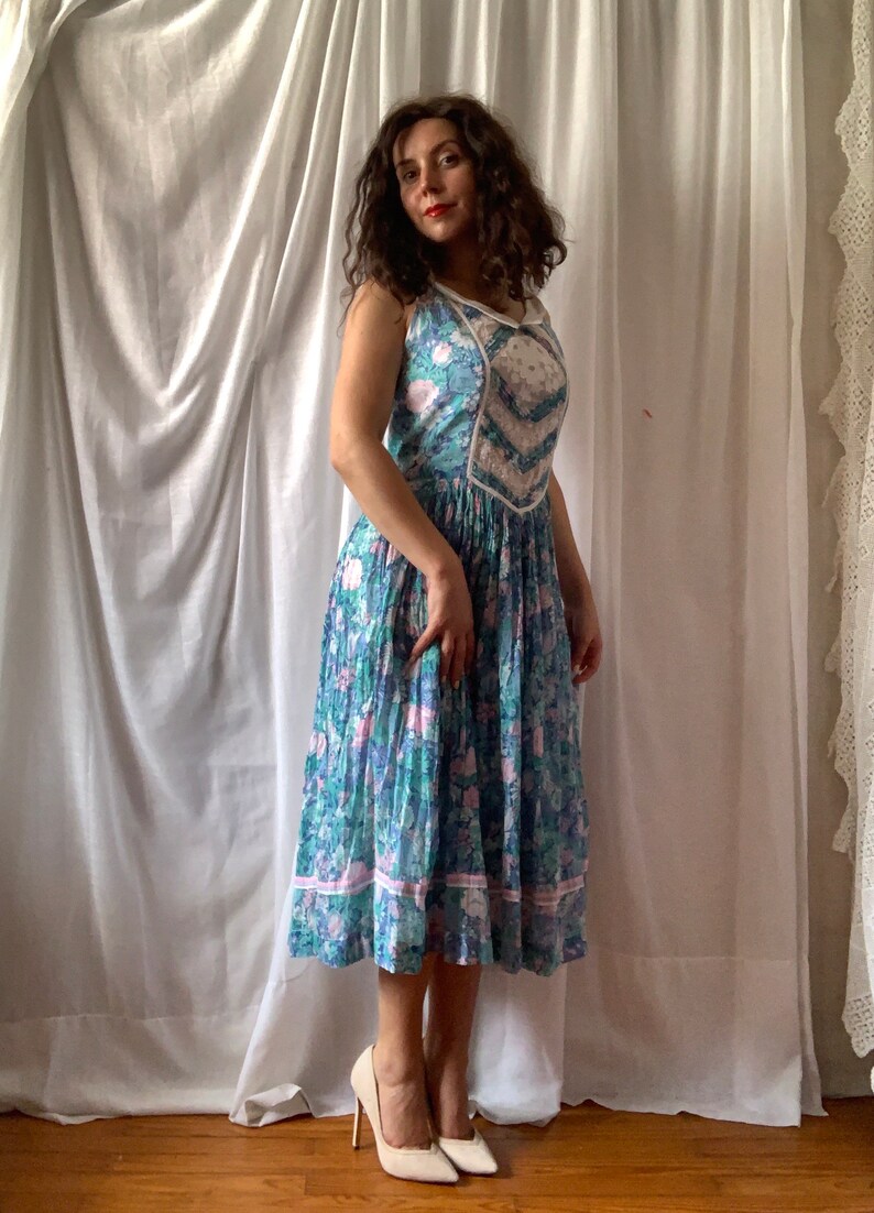 80s 90s Floral Dress RENE DERHY Vintage Romantic Summer Dress Size Small image 6