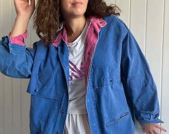 vintage années 60 70 WEILL Blue Cotton Français Workwear Veste Unisexe Sport Track Jacket Made in France Pink Lining