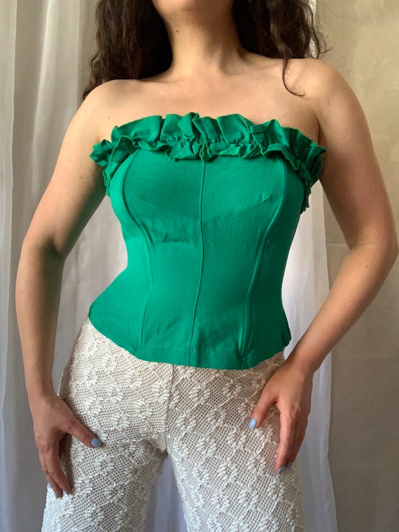 80s Teal Green Corset Top Vintage Cotton Frilled Bustier Size Medium 