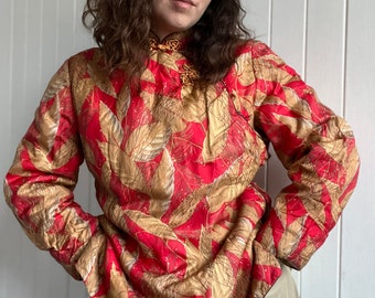 Vintage Chinese Silk Padded Jacket PEONY BRAND Red Yellow Autumn Leaves Print Size Small