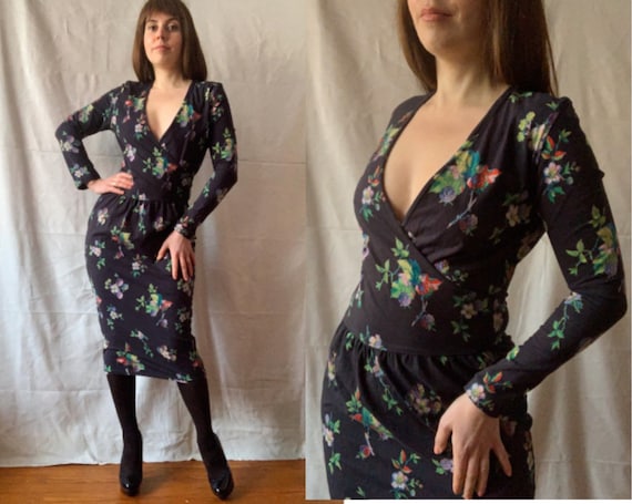 90s KENZO Stretch Cotton Bodycon Dress Floral Ras… - image 1