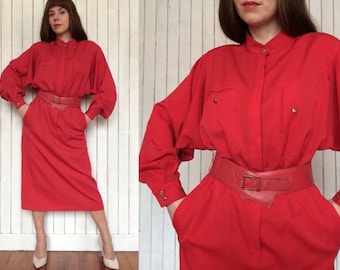 Vintage 80s LOUIS FERAUD Red Woolen Military Dress. Batwing Sleeve. Wide Leather Belt