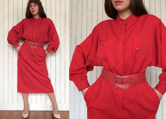 Vintage 80s LOUIS FERAUD Red Woolen Military Dres… - image 1