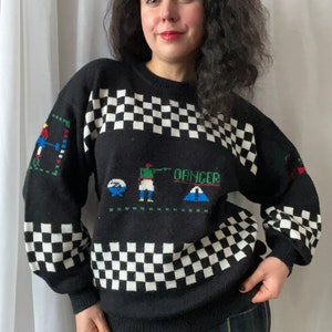 Vintage Novelty Sweater 90s DANGER Black White Checked Knitted Jumper