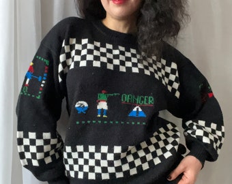 Vintage Novelty Sweater 90s DANGER Black White Checked Knitted Jumper