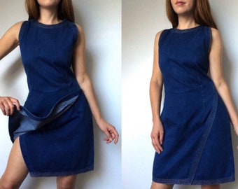 90s VERSACE JEANS COUTURE Blue Denim Wrap Dress Size Small