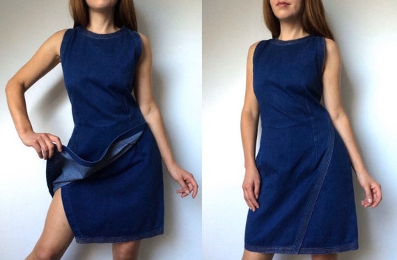 90s VERSACE JEANS COUTURE Blue Denim Wrap Dress S… - image 1