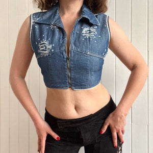 Y2K Teddy Smith Distressed Denim Cropped Vest - Size XS