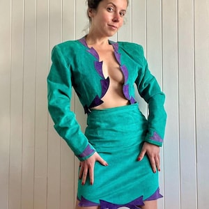 1980s Teal and Purple Suede Skirt Set - Leather Bolero Blazer - Bow Applique - Size Small