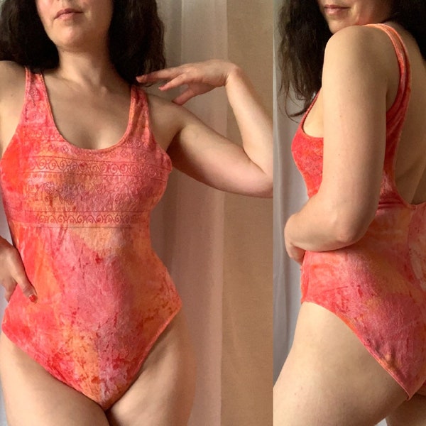 90s Crushed Velvet Bathing Suit | Vintage One Piece Swimsuit | Orange Pink | Size Medium