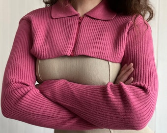 Vintage Y2K Pastel Pink Rib Knit Shrug Dead Stock Free Size Over Shoulder Bolero Cardigan 90s Crop Top