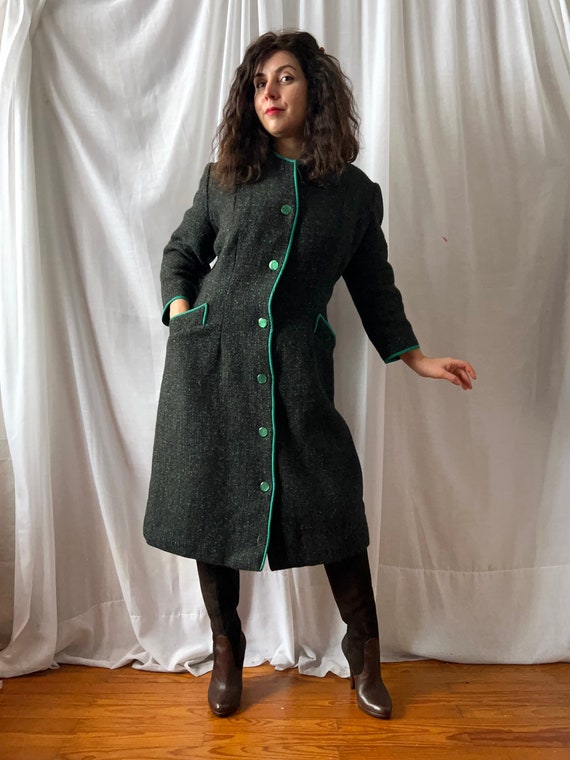 Vintage 50s 60s Dark Green Woolen Coat Midcentury… - image 8