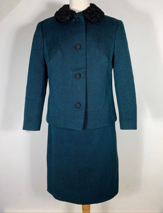 60s Emerald Green Woolen Skirt Blazer Set. Astrakhan … Gem