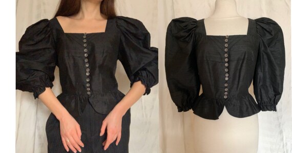 1980s Silk Trachten Blouse, Black Tyrol Blouse, V