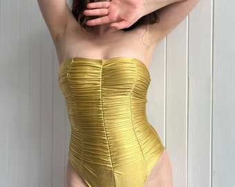 Vintage 80s 90s GOTTEX Golden Bustier One-Piece Swimsuit Yellow Gathered Corset Bathing Suit