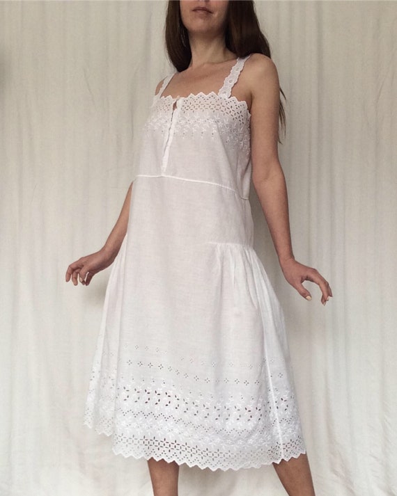 Antique Cotton Night Gown, Eyelet embroidery Dres
