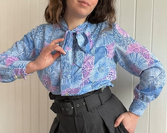 Vintage 60s 70s Hand Sewn Cotton Bow Collar Blouse Blue Purple Abatract Pattern Secretary Shirt Size Small