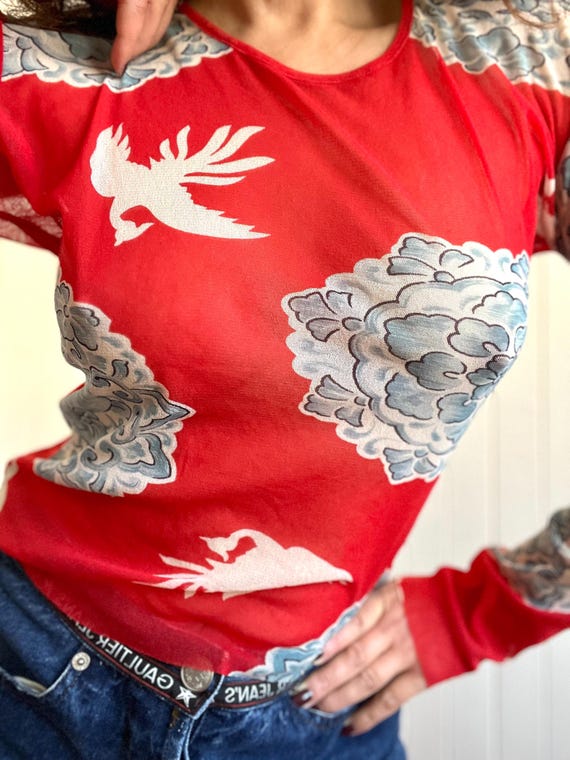 90s KENZO Red Sheer MESH Longsleeve Top With JAPANESE Floral