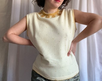 Années 50 60 Lambwool Top Perlé Col Brodé Fausses Perles Taille Moyenne Grande