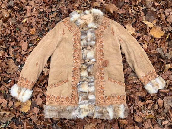 1970s Embroidered Suede Coat with RABBIT fur, Vint