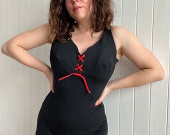 1960s Cole of California Black Low Cut One-Piece Swimsuit Red Lacing Bullet Bra Cone Cups Size Medium