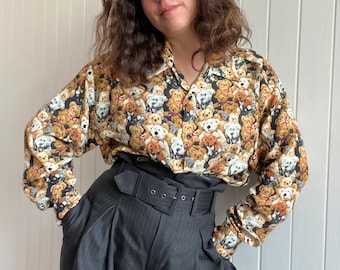 Vintage 90s 00s Viscose Blouse Teddy Bear Photoprint Made In France Oversized Shirt