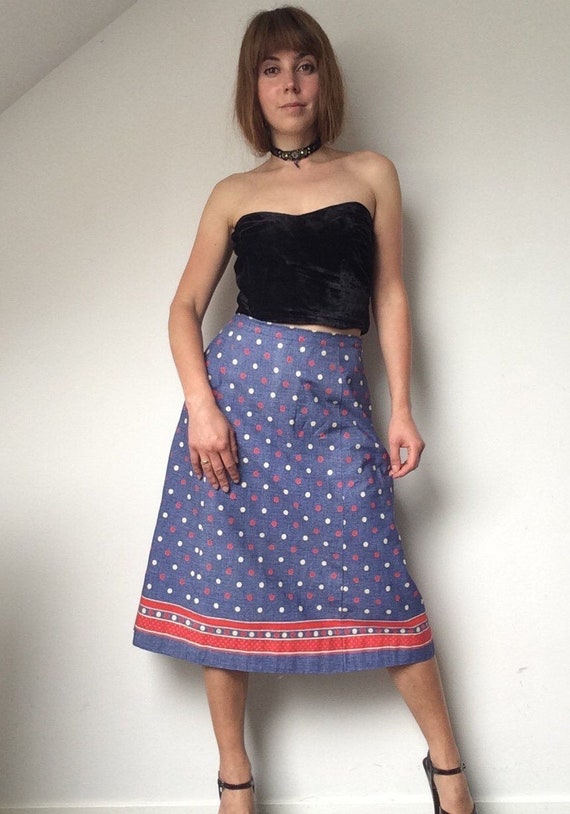 70s Blue Red Cotton Summer Skirt POLKA DOT Patter… - image 2