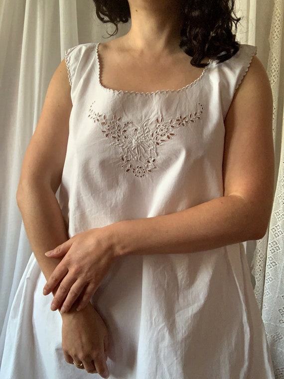 Antique French Cotton Under Dress | Butterfly Emb… - image 1