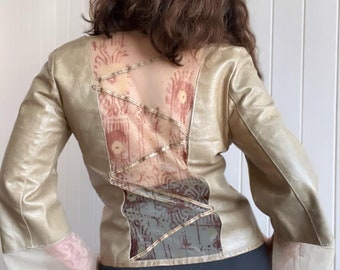 Veste en cuir vintage y2k dos et poignets en maille transparente petite moyenne