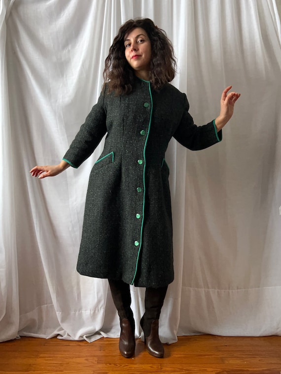 Vintage 50s 60s Dark Green Woolen Coat Midcentury… - image 2