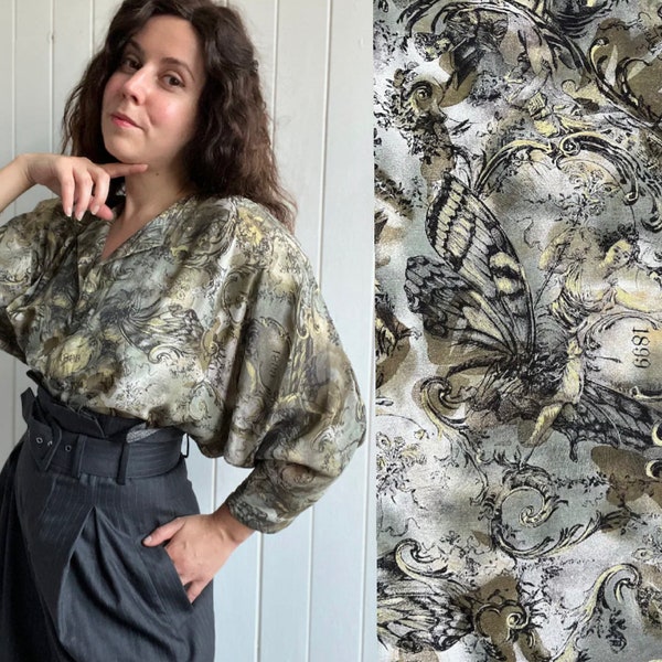 Vintage 90s Blouse Art Nouveau Woman Butterfly Print Batwing Sleeve Size Large