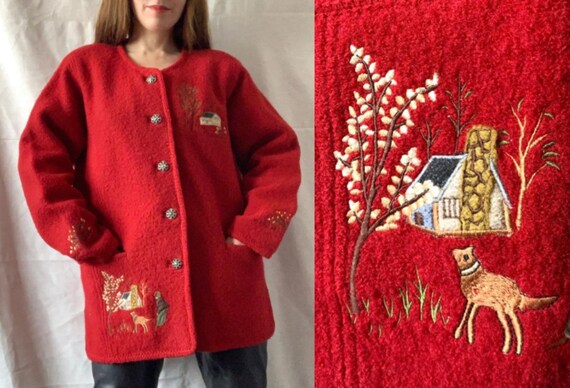 Vintage Tyrolean Embroidered Cardigan, Boiled Wool
