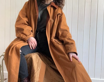 Rare manteau unisexe KENZO JAP en toile orange brûlé des années 1970, col en velours côtelé, doublure matelassée rembourrée, taille moyenne grande