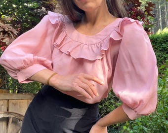 80s 90s Blush Pink Blouse VERA MONT - Puff Sleeves - Buttoned Back - Size Large